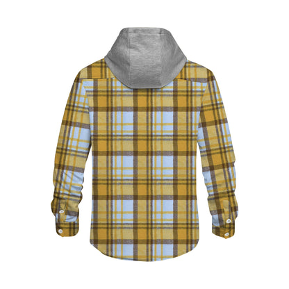 Yellow Plaid Long Sleeve Hooded Shirt For Men