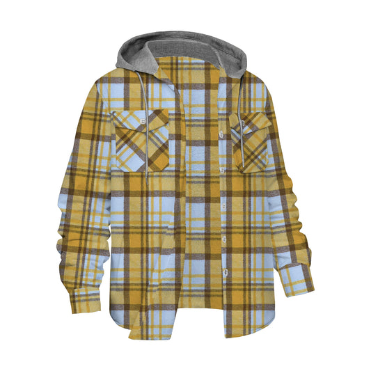 Yellow Plaid Long Sleeve Hooded Shirt For Men