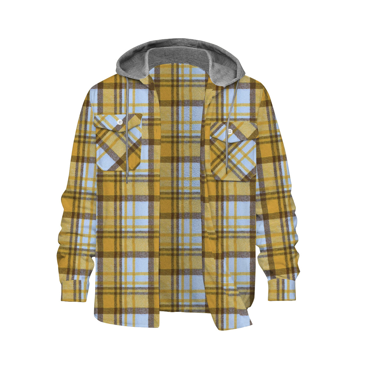 Yellow Plaid Long Sleeve Hooded Shirt For Men