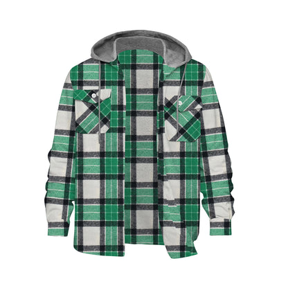 Green Plaid Long Sleeve Hooded Shirt Loose And Casual Outdoor