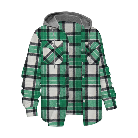 Green Plaid Long Sleeve Hooded Shirt Loose And Casual Outdoor