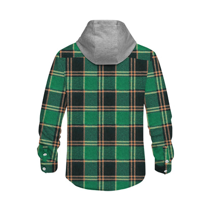 Black-Green Plaid Long Sleeve Hooded Shirt Loose Outdoor