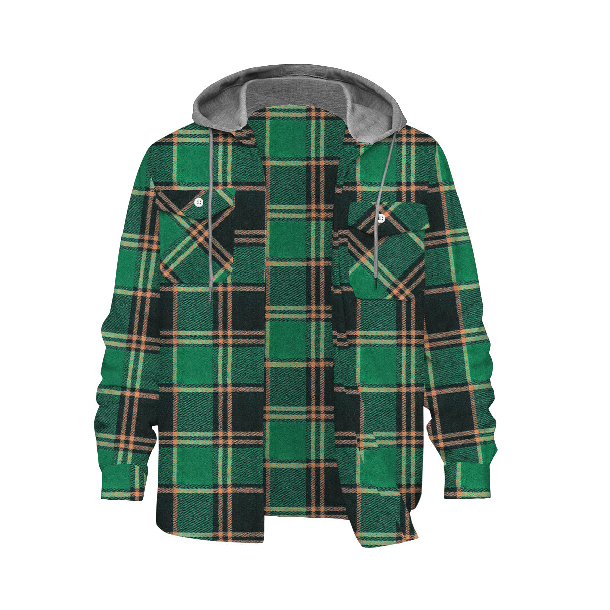 Black-Green Plaid Long Sleeve Hooded Shirt Loose Outdoor