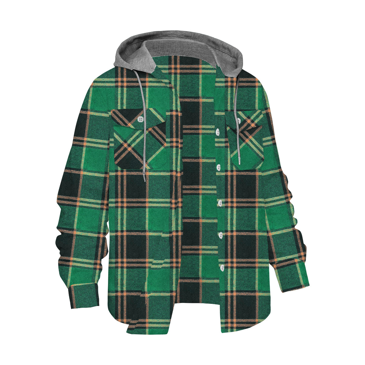 Black-Green Plaid Long Sleeve Hooded Shirt Loose Outdoor