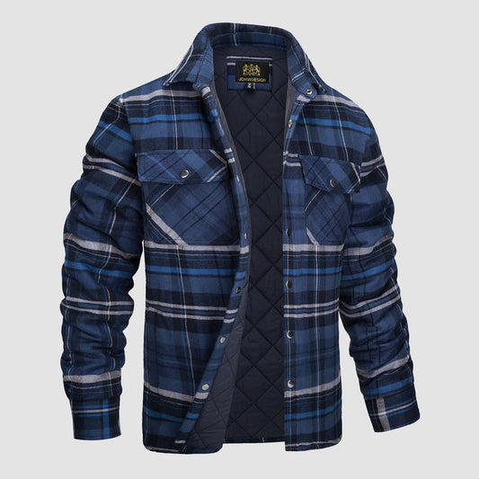 Long Sleeve Quilted Lined Plaid Flannel Shirt Jacket - Blue Grey Jonvidesign
