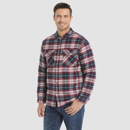 Long Sleeve Quilted Lined Plaid Flannel Shirt Jacket - Red White Jonvidesign