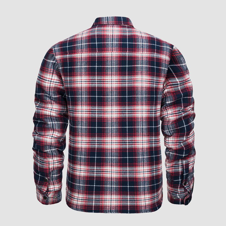 Long Sleeve Quilted Lined Plaid Flannel Shirt Jacket - Red White Jonvidesign