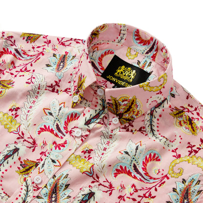 Pink Paisley Pattern Short Sleeve Shirt for Men Jonvidesign