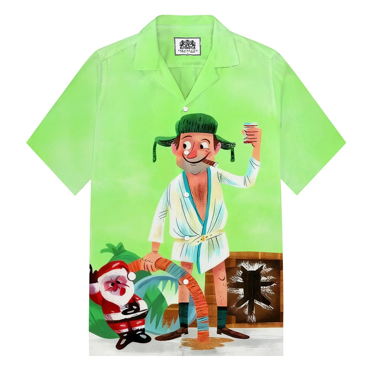Funny Christmas Character Print Retro Camp Collar Short Sleeve Shirt
