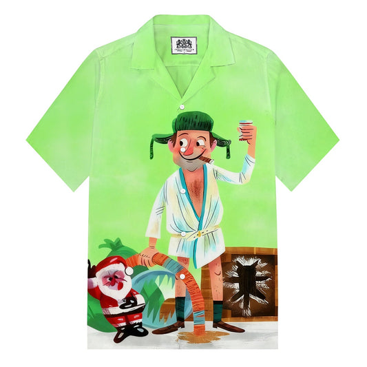Funny Christmas Character Print Retro Camp Collar Short Sleeve Shirt