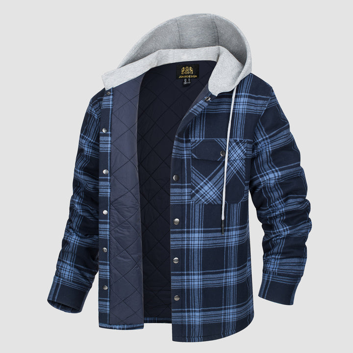 Blue Plaid Hooded Quilted Flannel Shirt Jacket