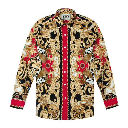 Red Baroque Pattern Long Sleeve Button Down Casual Shirt Jonvidesign