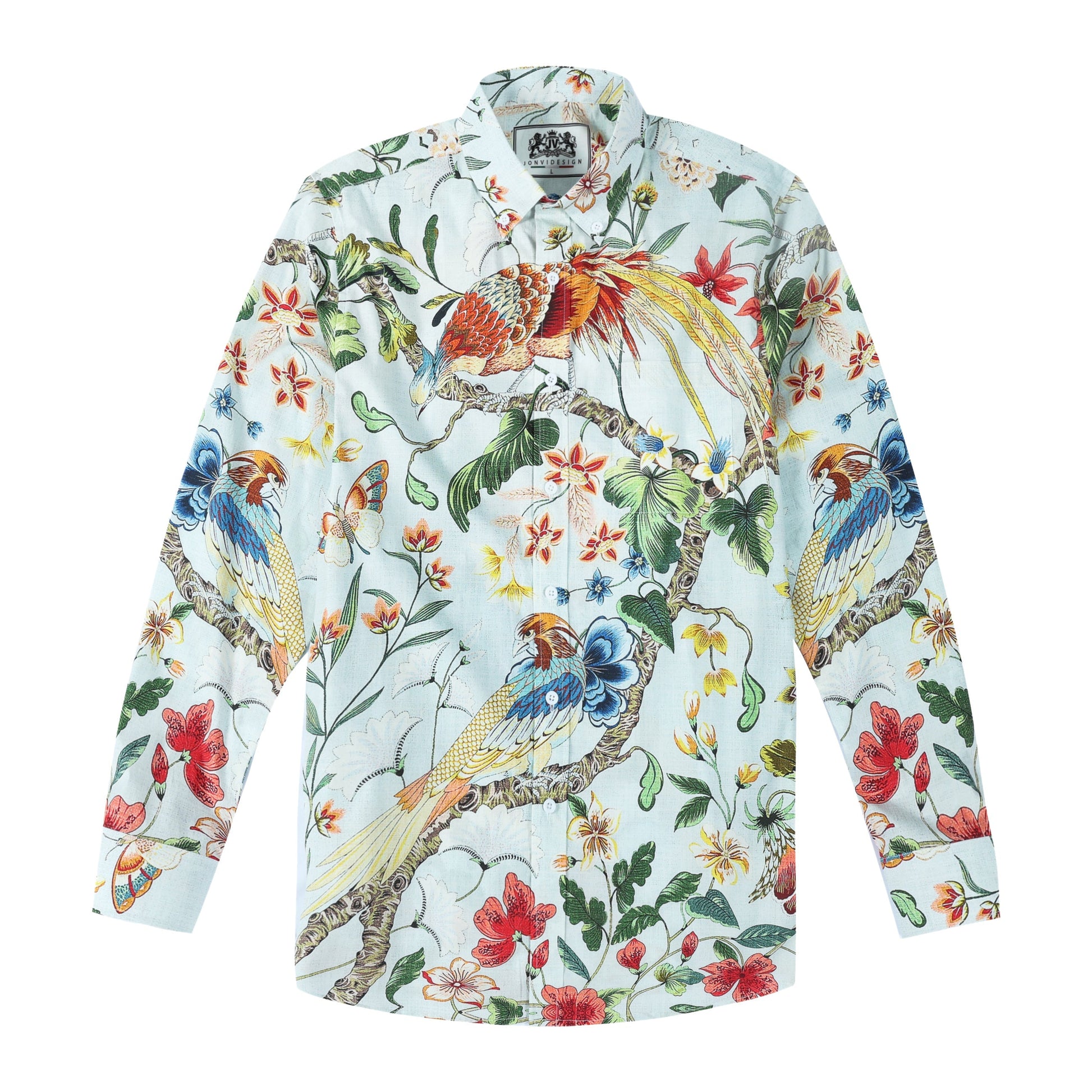 Tropical Animal Peacock Print Button Down Long Sleeve Shirt Jonvidesign
