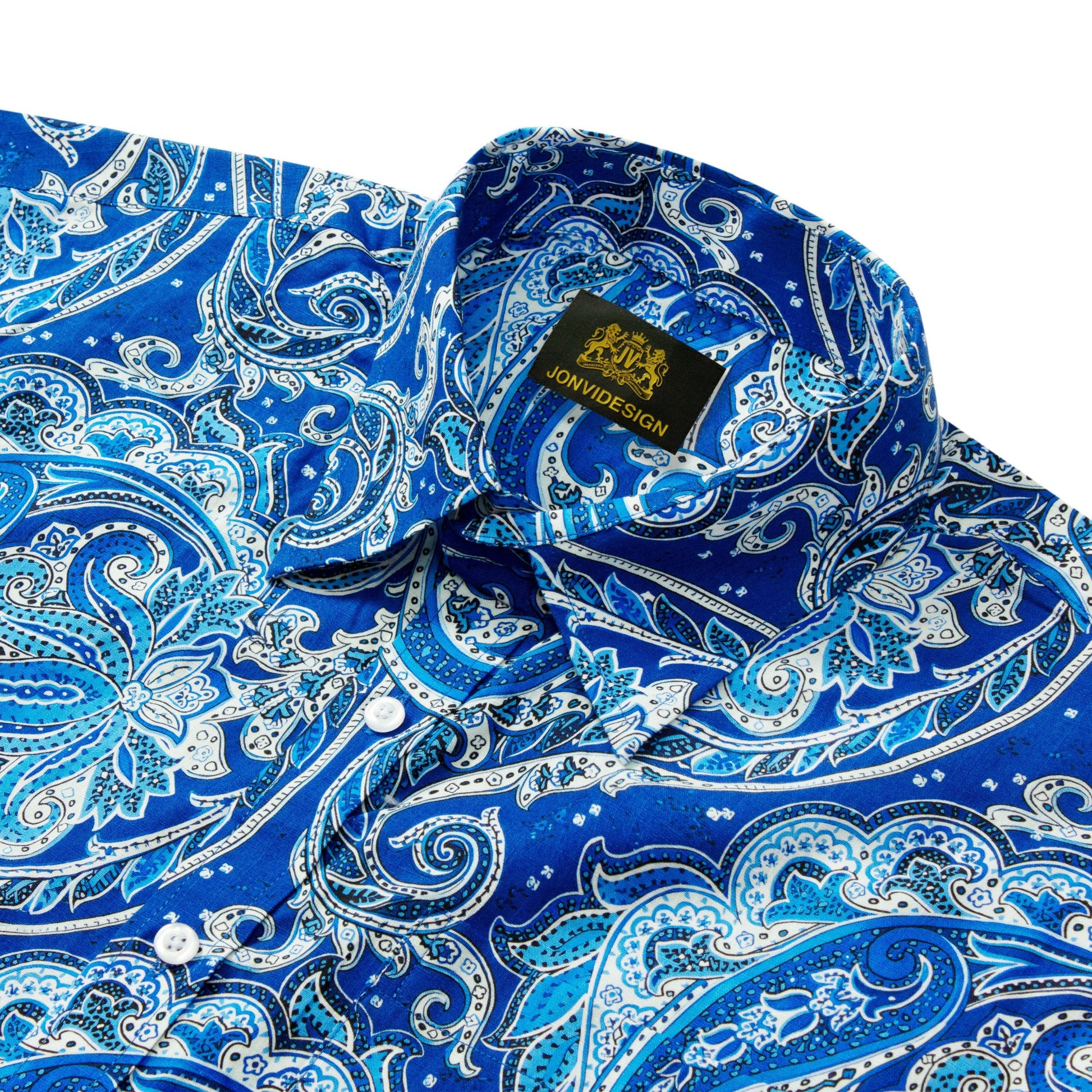 Tropical Paisley Pattern Short Sleeve Casual Shirt in Blue Jonvidesign