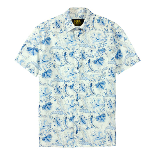 Tropical Paisley Print Short Sleeve Dress Shirt in Blue Jonvidesign