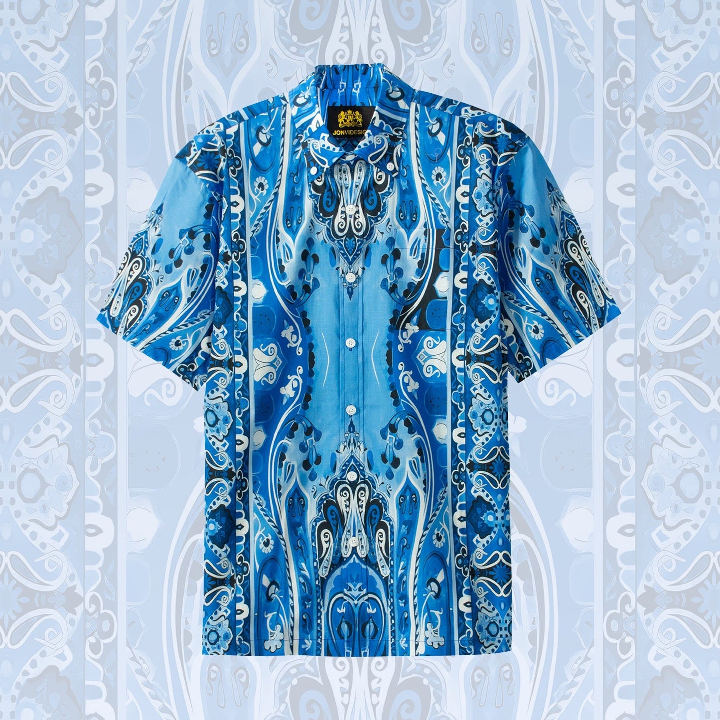 Tropical Style Paisley Print Short Sleeve Shirt in Blue Jonvidesign