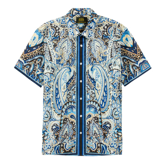 Vintage Paisley Pattern Short Sleeve Camp Shirt in Deep Blue Jonvidesign