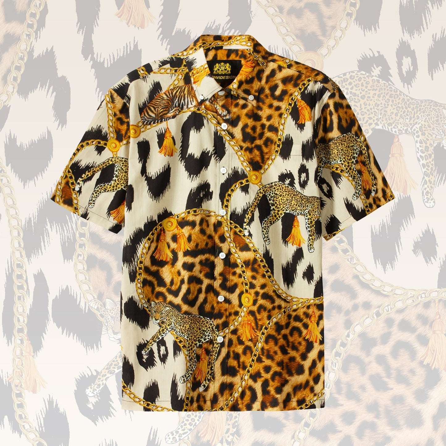 Wild Animal Print Short Sleeve Shirt with Golden Chain Accent Jonvidesign