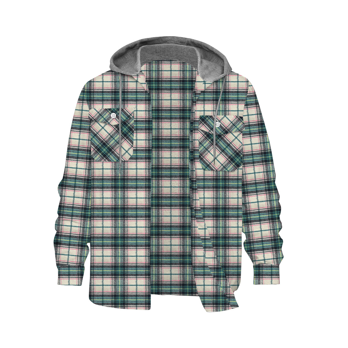 Green Retro Plaid Long Sleeve Hooded Shirt