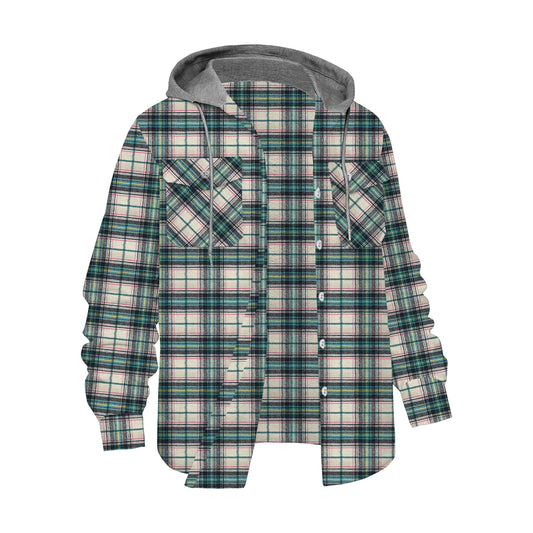 Green Retro Plaid Long Sleeve Hooded Shirt