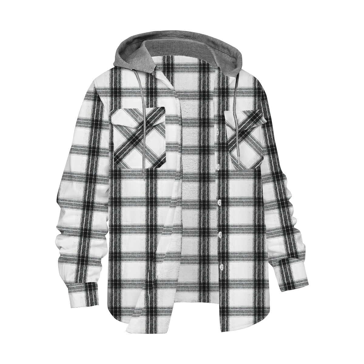 Black-White Vintage Plaid Long Sleeve Hooded Shirt