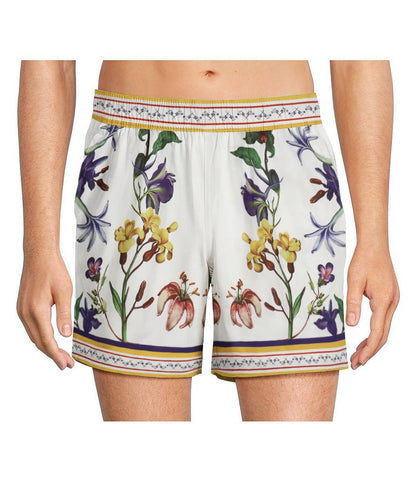 Purple Floral Pattern Elastic Waistband Casual Shorts