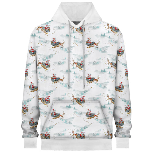 Santa Claus Driving A Reindeer Sleigh In The Snow Print Hooded Sweatshirt