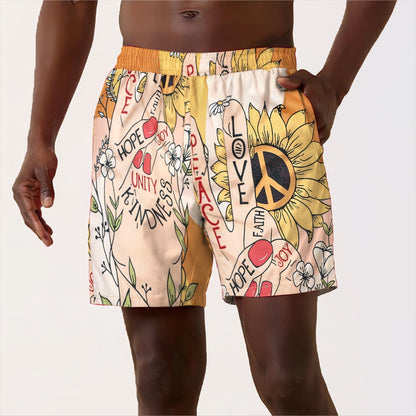 Peace and Love Sunflower Pattern Silk Fiber Waistband Shorts