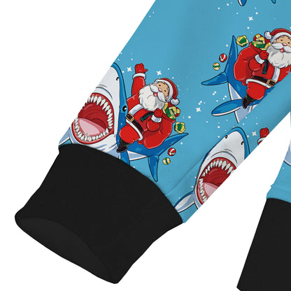 Santa Claus Riding A Shark Print Hooded Sweatshirt