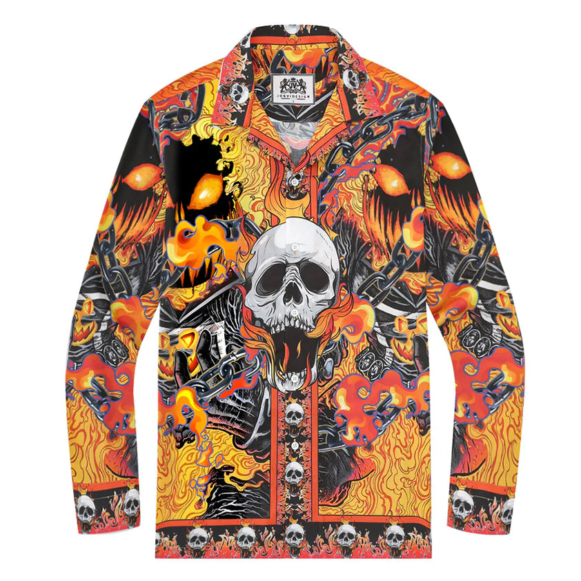 Halloween Ghost Rider Skull Placket Long Sleeve Vacation Shirt