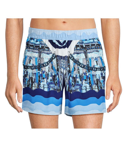 Blue Ferry Pattern Elastic Waistband Casual Shorts