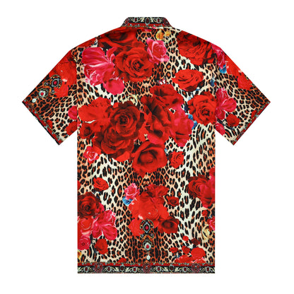Red Rose Leopard Printed Silk Fiber Short Sleeve Shirt