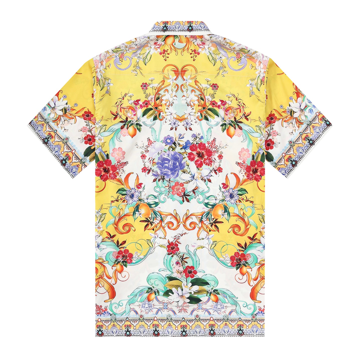 Yellow Floral Pattern Silk Fiber Short Sleeve Shirt
