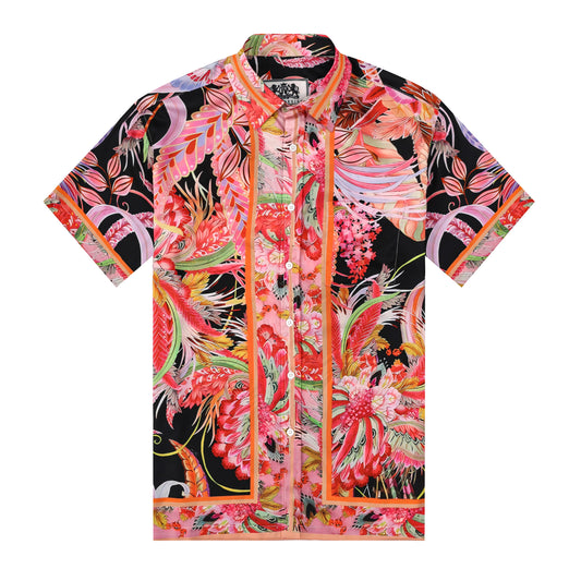 Floral Butterflies Pattern Silk Fiber Short Sleeve Shirt