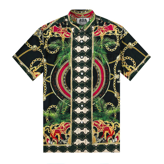 Golden Baroque Silk Fiber Short Sleeve Shirt with Chain Accent
