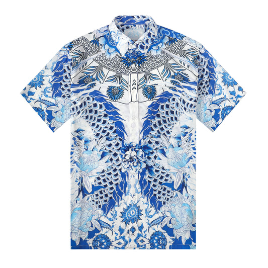Cloud Pattern Silk Fiber Short Sleeve Shirt in Blue