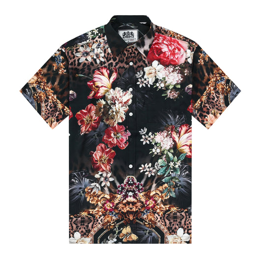 Leopard Printed Floral Silk Fiber Short Sleeve Casual Shirt