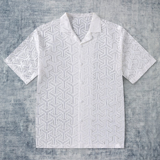 White Lace Textured Camp Collar Short Sleeve Shirt