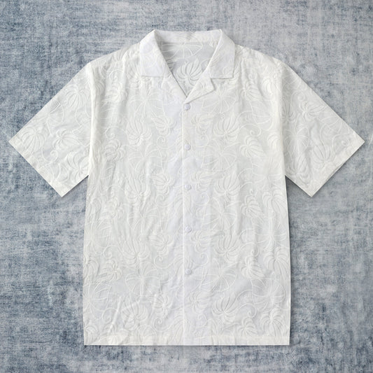Vintage Leaf Embroidered Textured Camp Collar Short Sleeve Shirt