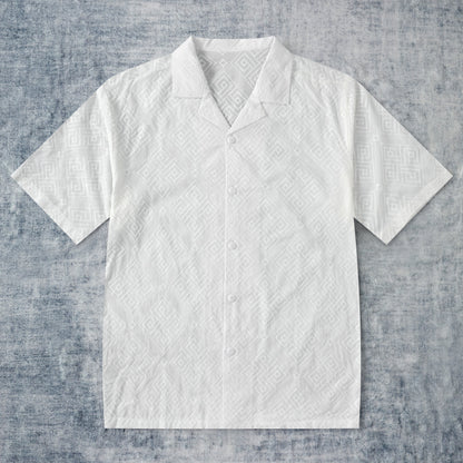 Totem Pattern Textured Vintage Textured Camp Collar Shirt