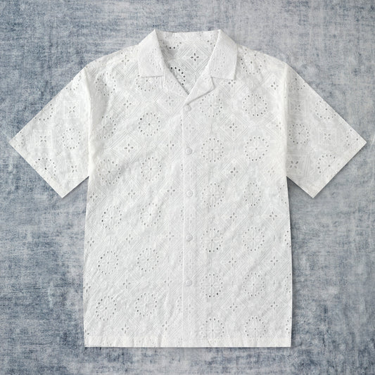 Floral Beige Embroidered Openwork Camp Collar Short Sleeve Shirt