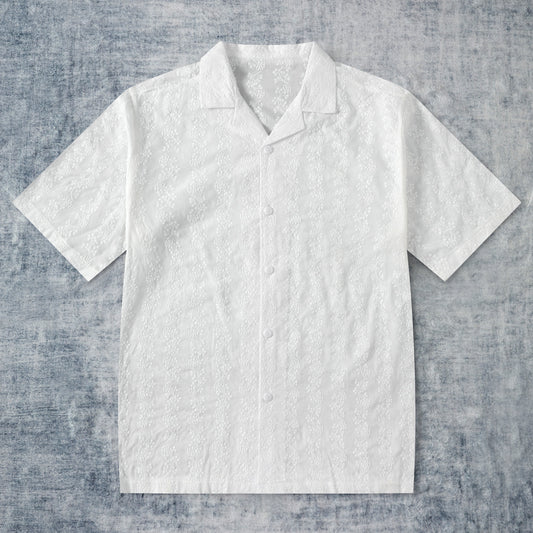 Floral Embroidered Vintage Camp Collar Short Sleeve Shirt