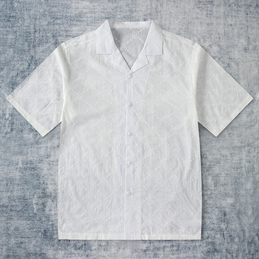 Checked Totem Pattern Vintage Textured Camp Collar Short Sleeve Shirt
