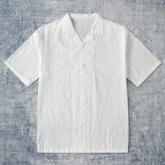 White Cotton Embroidery Textured Camp Collar Short Sleeve Shirt