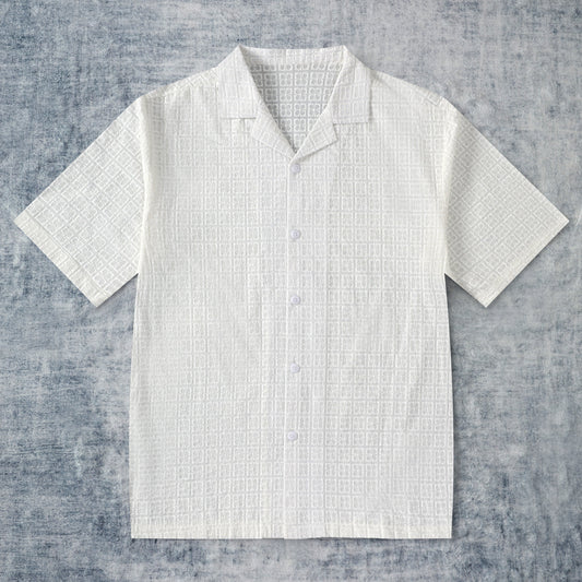 Lucky Clover Embroidered Openwork Camp Collar Short Sleeve Shirt