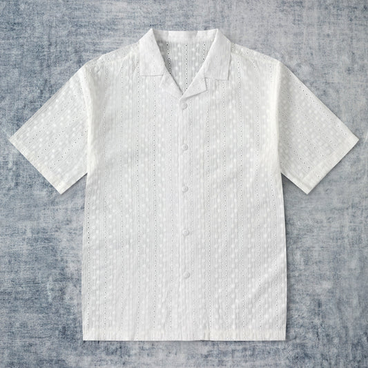 Daisy Pattern Openwork Crochet Camp Collar Short Sleeve Shirt
