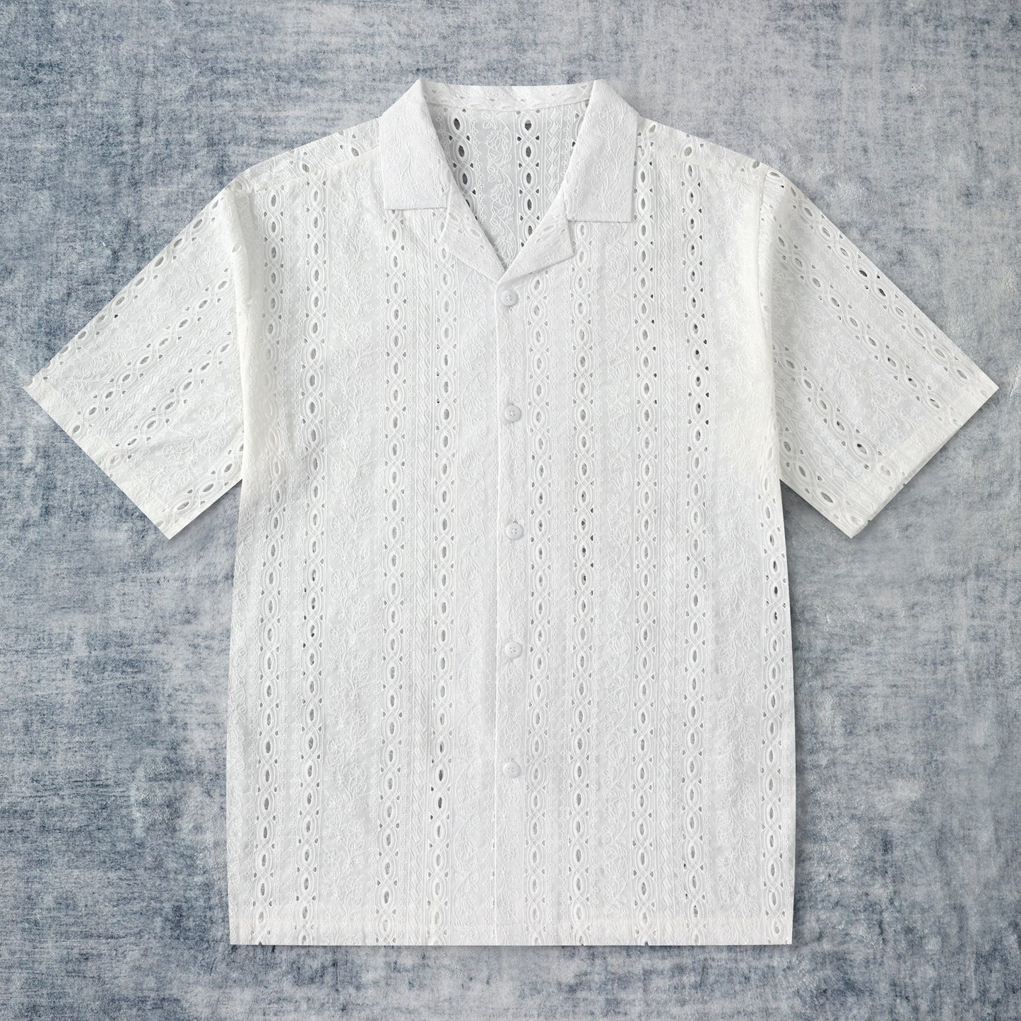 Embroidery Flower Textured Camp Collar Short Sleeve Shirt