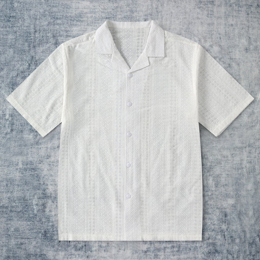 White Crochet Embroidered Camp Collar Short Sleeve Shirt