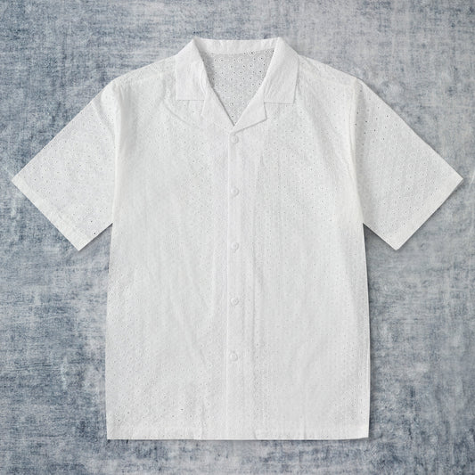 Dot Crochet Textured Camp Collar Short Sleeve Shirt