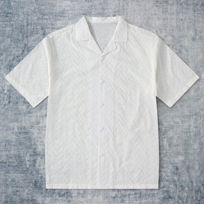 Chevron Woven Textured Camp Collar Short Sleeve Shirt
